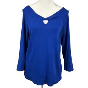 Rafaella Womens Tunic Top Size Large Blue Pullover Boat Neck Keyhole 3/4 Sleeve